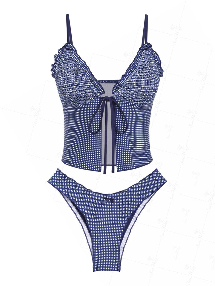 Alba | Conjunto Bikini Volantes Microcuadro Azul