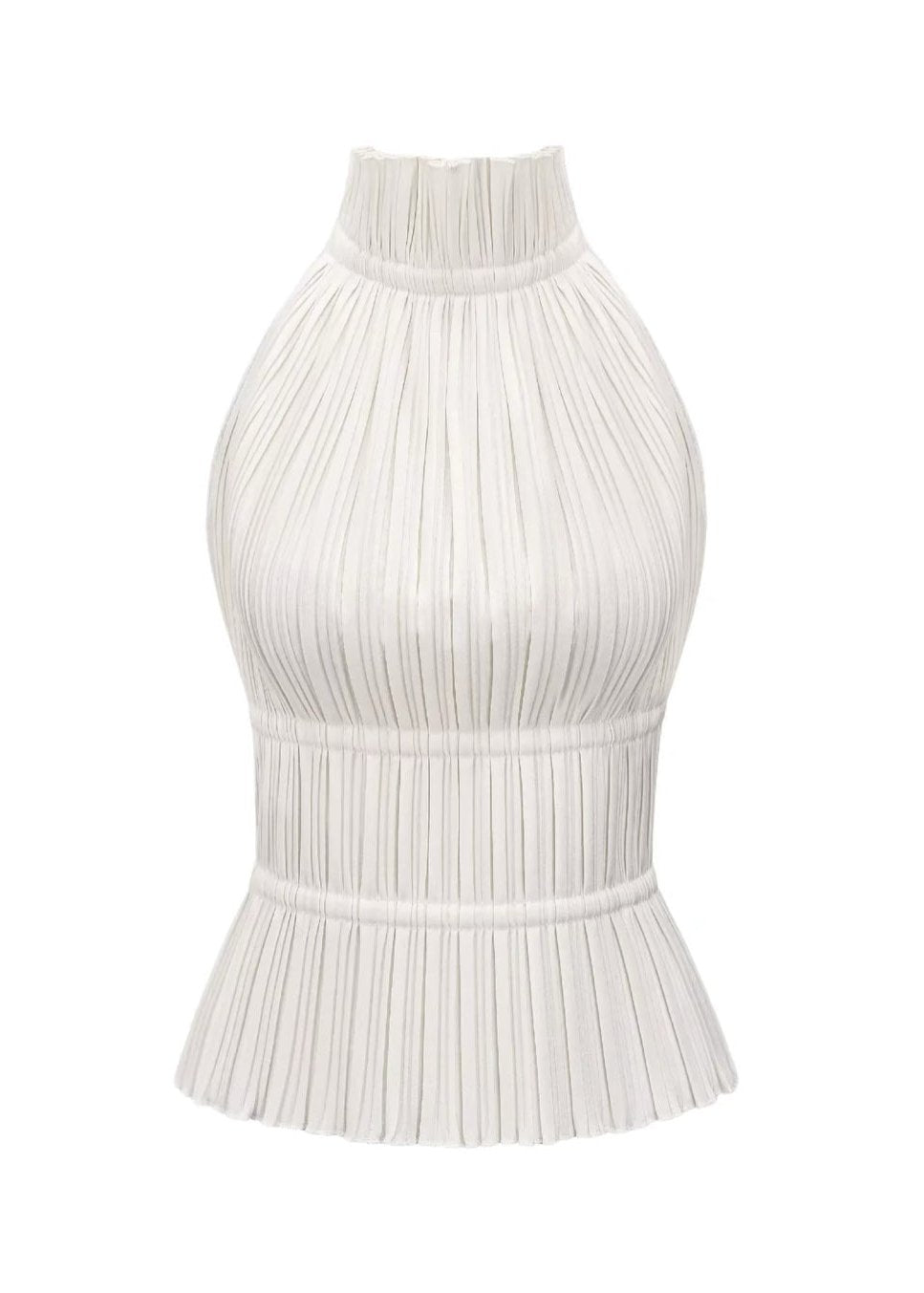 Nolana | Top sin espalda plisado en blanco – Diseño con cuello de nadador y volantes