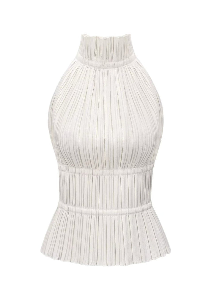 Nolana | Top sin espalda plisado en blanco – Diseño con cuello de nadador y volantes