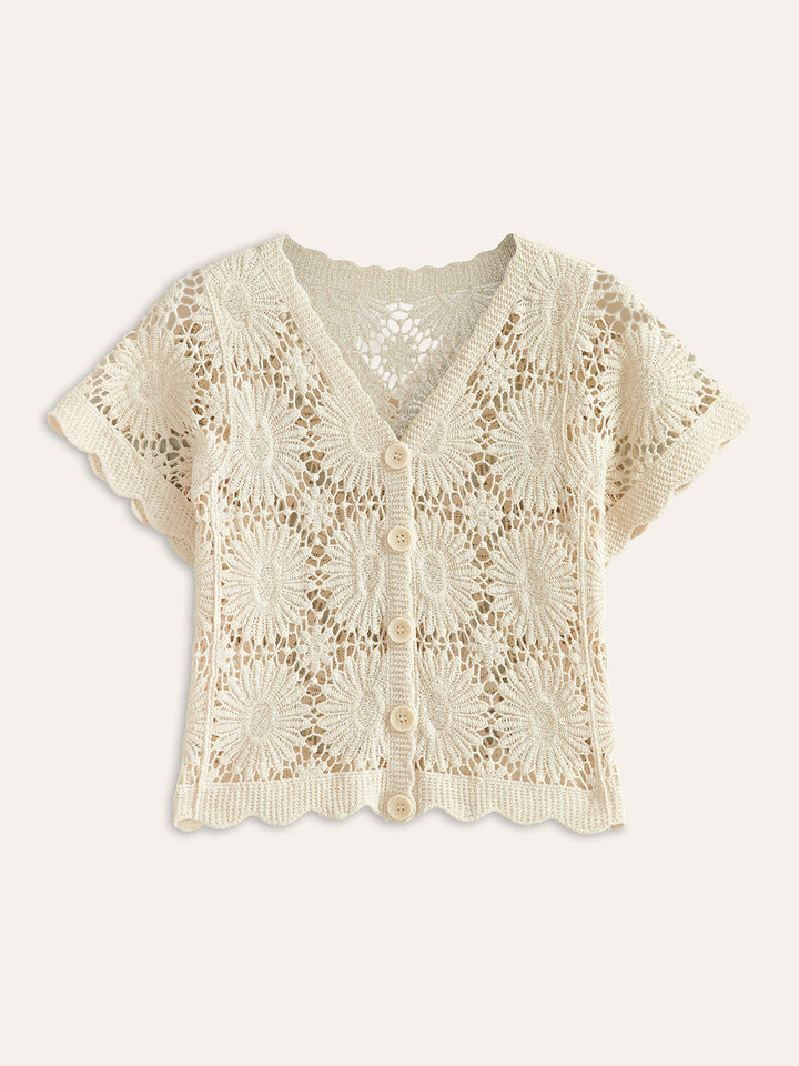 Isma | Top de moda: cárdigan de punto con flores y botones – Mezcla de algodón