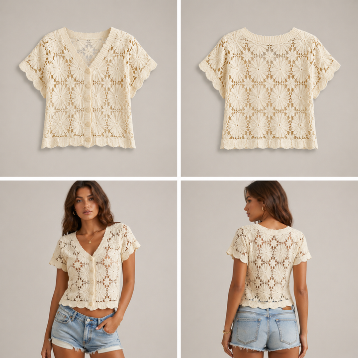 Isma | Top de moda: cárdigan de punto con flores y botones – Mezcla de algodón