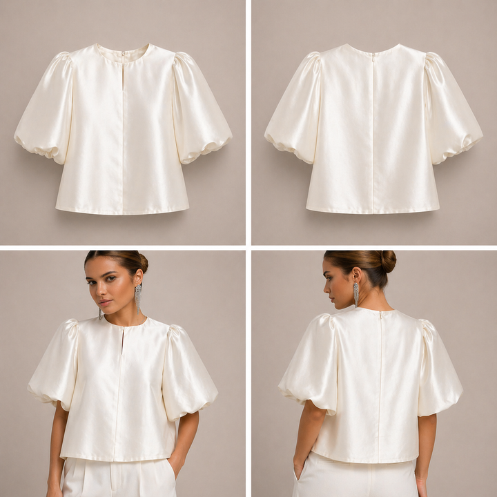 Elegante top de satén con mangas abullonadas