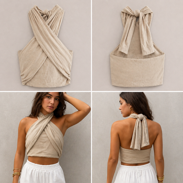 Sunnie | Top corto halter beige para mujer - Diseño cruzado