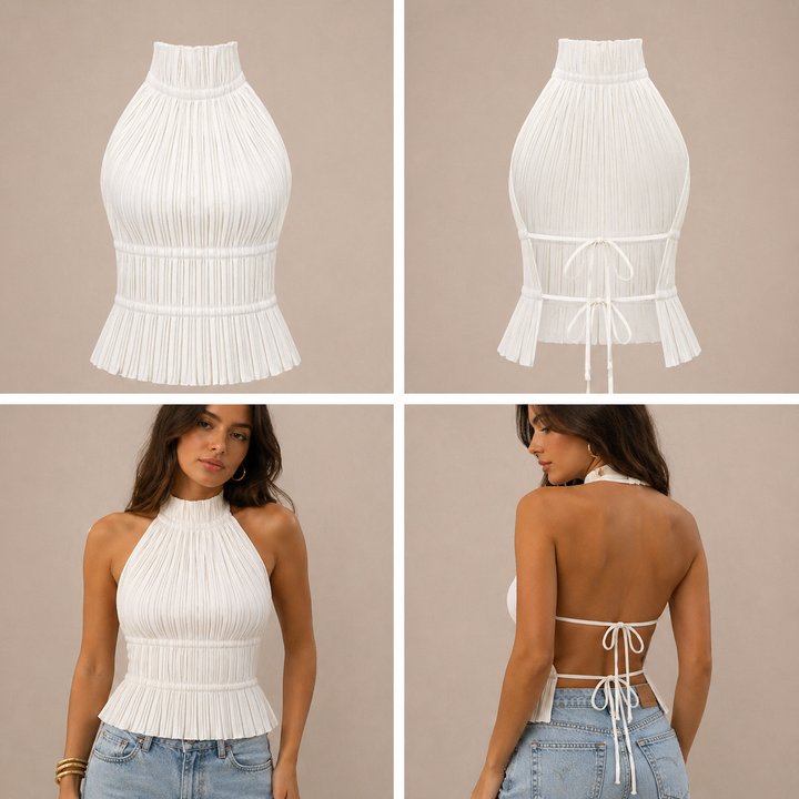 Nolana | Top sin espalda plisado en blanco – Diseño con cuello de nadador y volantes