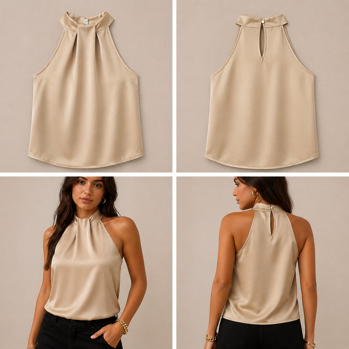 Bria | Blusa sin mangas de satén con cuello retorcido