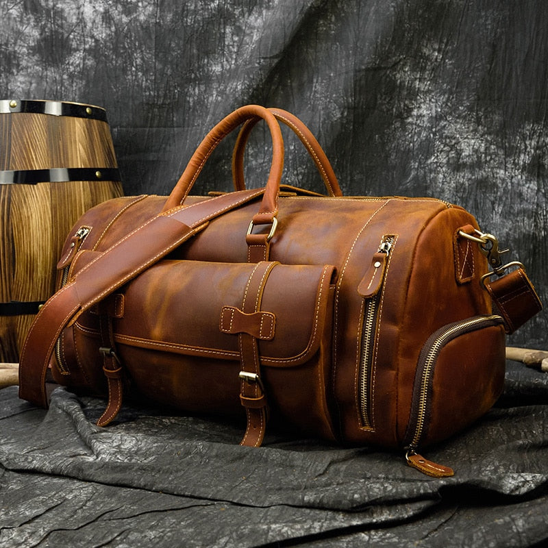 Bolsa de viaje de cuero Retro Crazy Horse con compartimento separado para zapatos