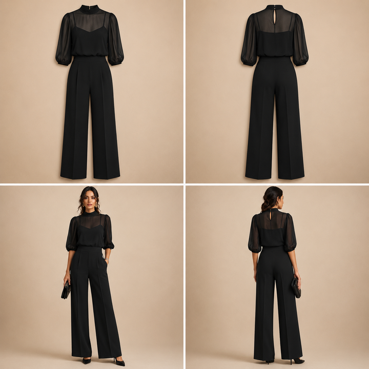 VALENTINA | CONJUNTO DE TRES PIEZAS EN COLOR NEGRO, COMPUESTO POR TOP LENCERO TRANSPARENTE Y PANTALONES DE PATA ANCHA