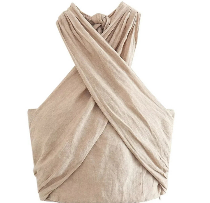 Sunnie | Top corto halter beige para mujer - Diseño cruzado